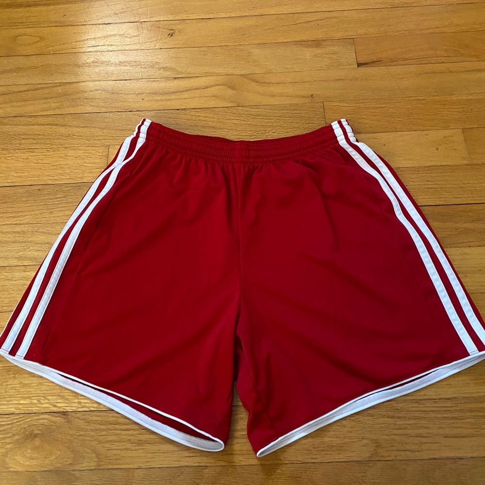Red adidas soccer shorts